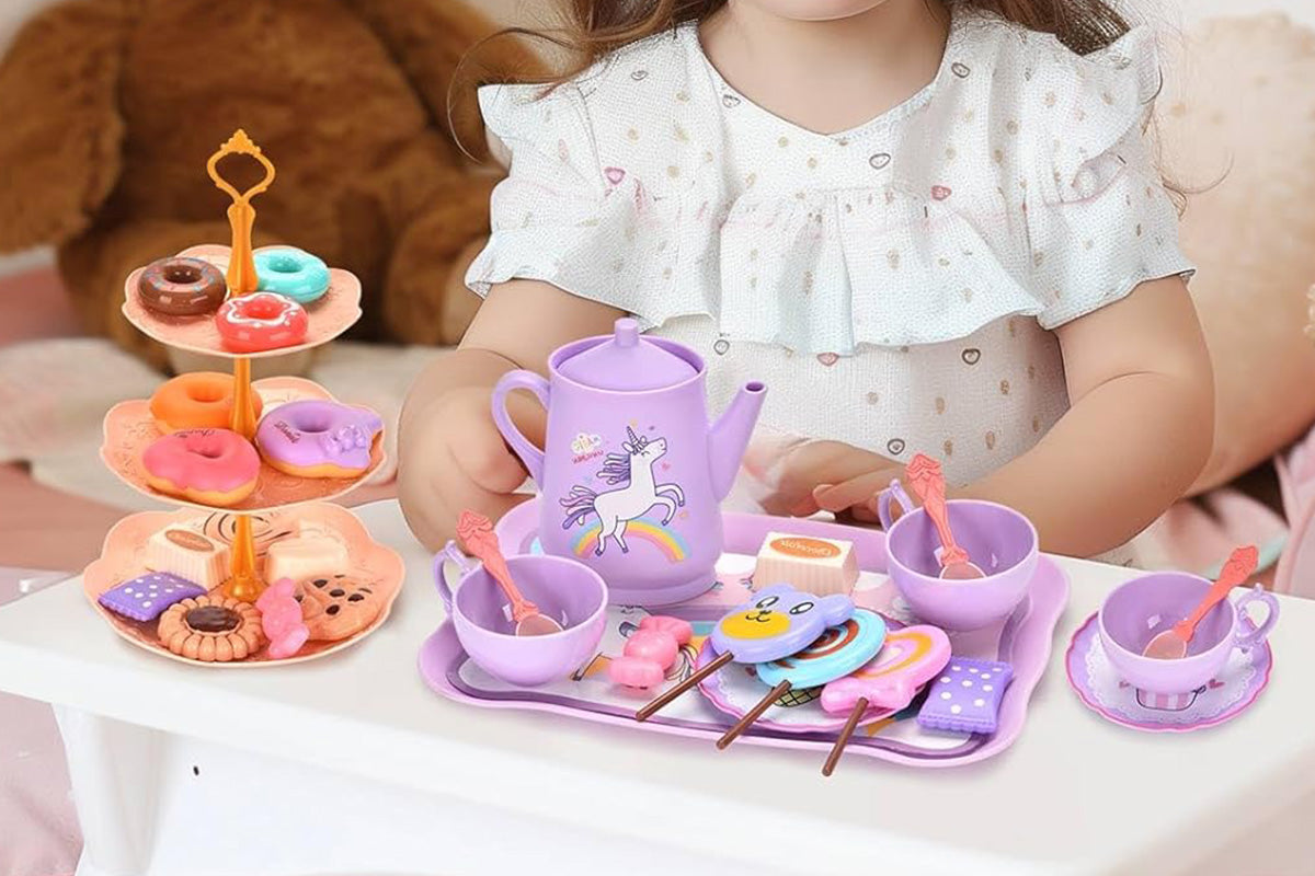 Pretend Play Tea Party Set with Dessert and Carrying Case for Role Play