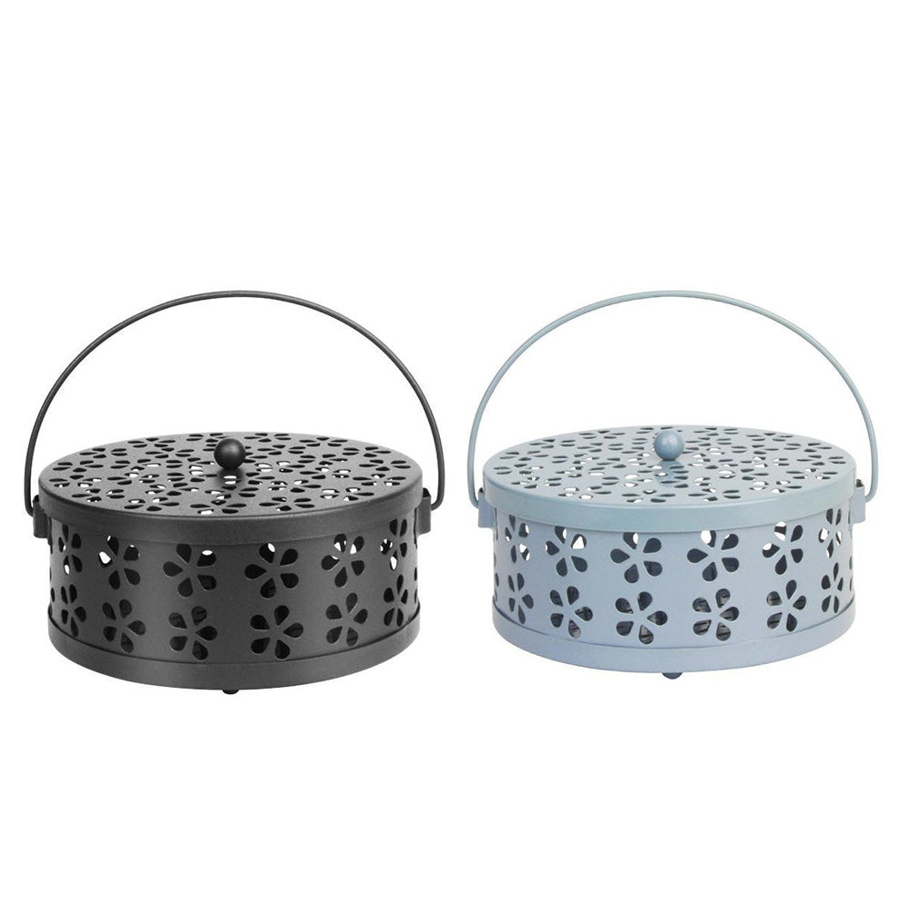 2X 14cm Metal Mosquito Coil and Incense Holder with Lid Floral Cutout Design