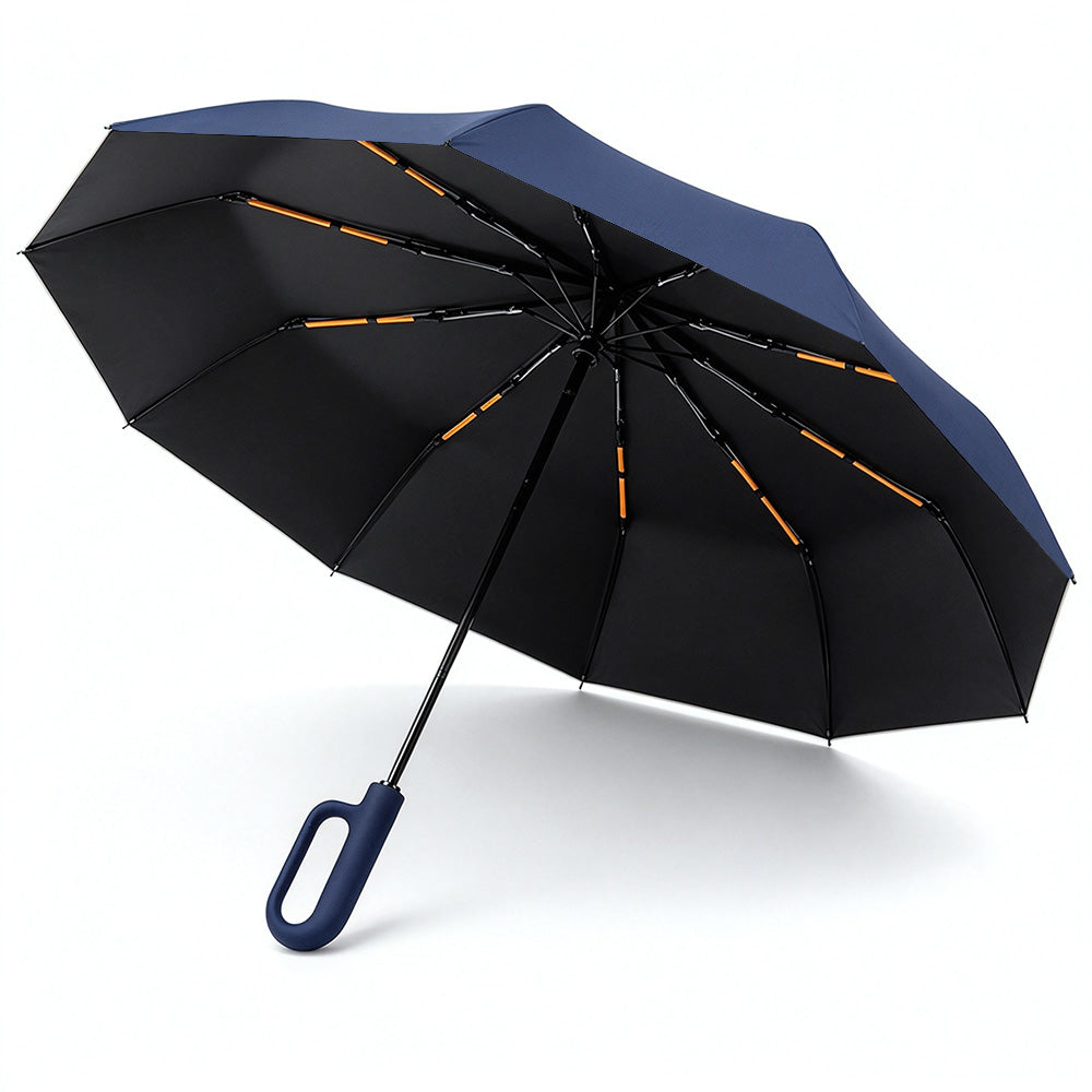 Automatic 10-Rib Folding Umbrella with Carabiner Handle Windproof