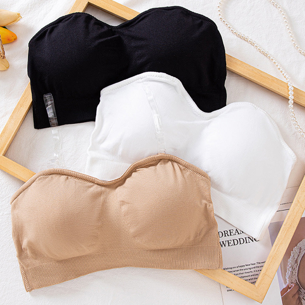 Women Strapless Wirefree Bandeau Bra with Removable Shoulder Straps-Beige