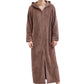 Unisex Long Hooded Zipper Bathrobe Fleece Robes Winter Warm Nightgown Sleepwear Pyjamas-Coffee