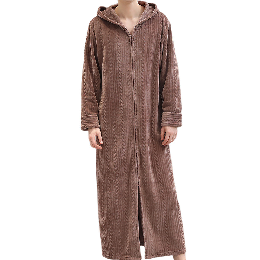 Unisex Long Hooded Zipper Bathrobe Fleece Robes Winter Warm Nightgown Sleepwear Pyjamas-Coffee