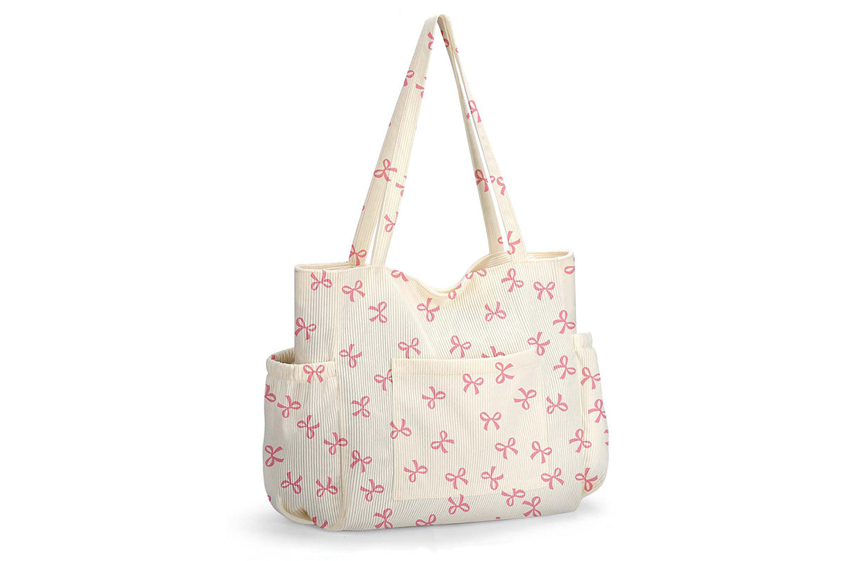 Corduroy Tote Bag with Side Water Bottle Pockets Large Shoulder Bag Casual Handbag