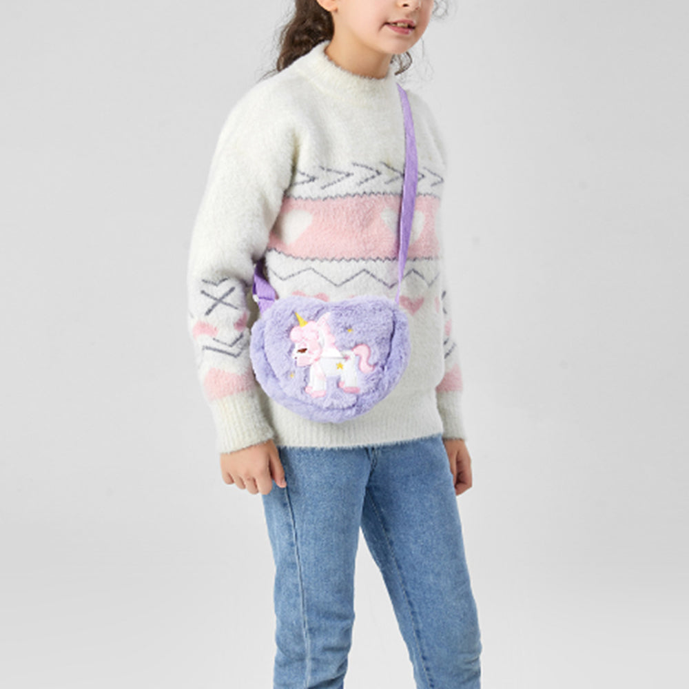 2Pcs Girls Cute Plush Heart Unicorn Embroidery Zipper Crossbody Bag