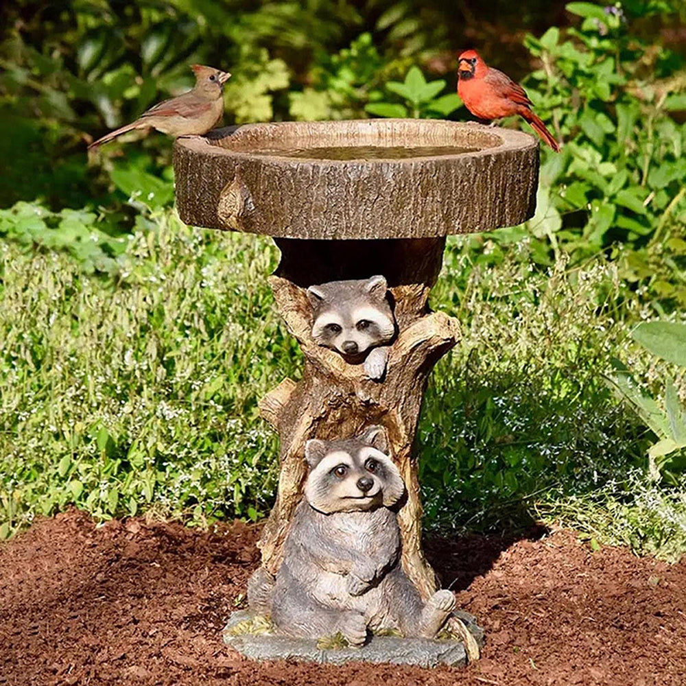 Garden Animal Figurine Resin Bird Water Feeder-Raccoon