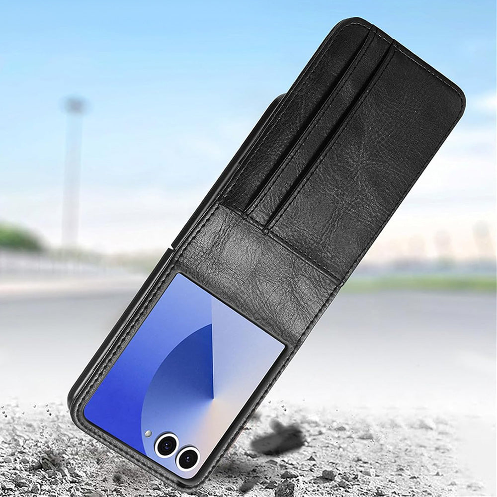 PU Wallet Card Holder Case for Samsung Galaxy Z Flip 6 7 8 with Stand-Black
