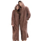 Unisex Long Hooded Zipper Bathrobe Fleece Robes Winter Warm Nightgown Sleepwear Pyjamas-Coffee