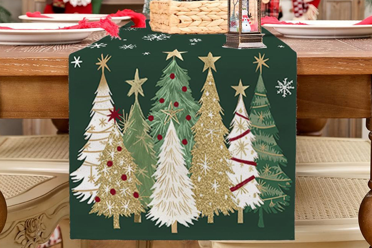 Christmas Table Runner Xmas Trees Tablecloth Cover For Kitchen Dinner Party