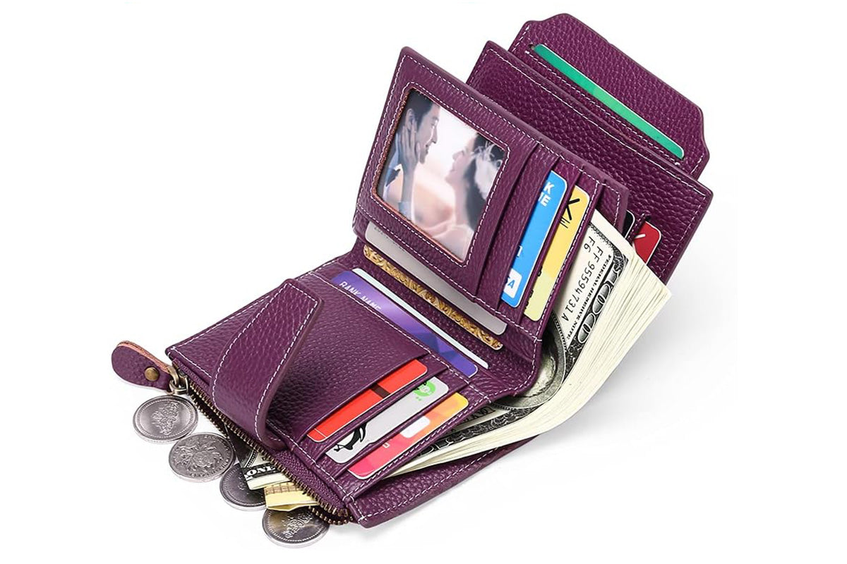 Genuine Leather Women's Wallet Short RFID Blocking Purse with Zipper