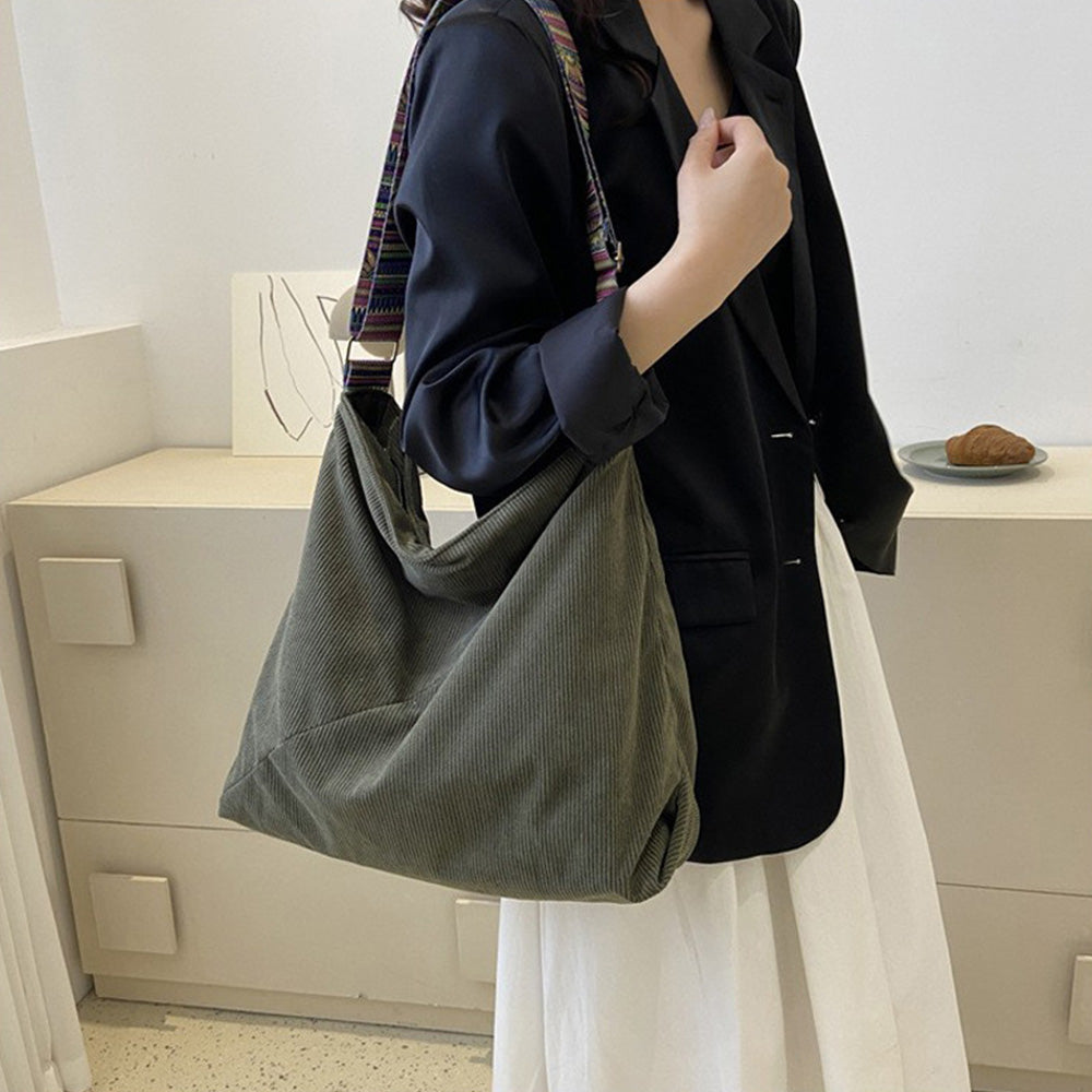 Large Capacity Corduroy Tote Bag with Adjustable Strap for Women