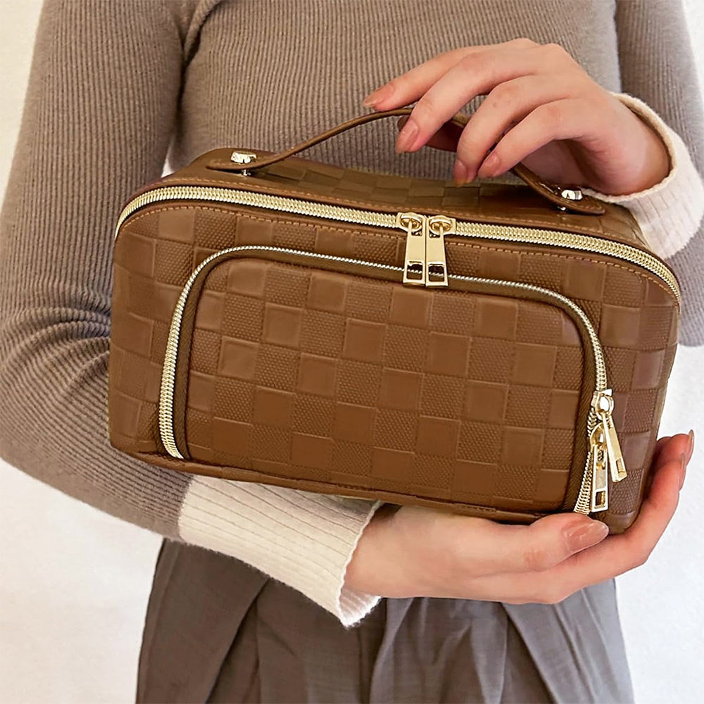 Large Capacity PU Leather Water-Resistant Checkered Cosmetic Bag Travel Makeup Bag