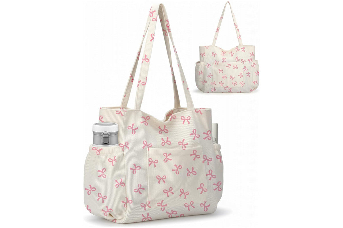 Corduroy Tote Bag with Side Water Bottle Pockets Large Shoulder Bag Casual Handbag