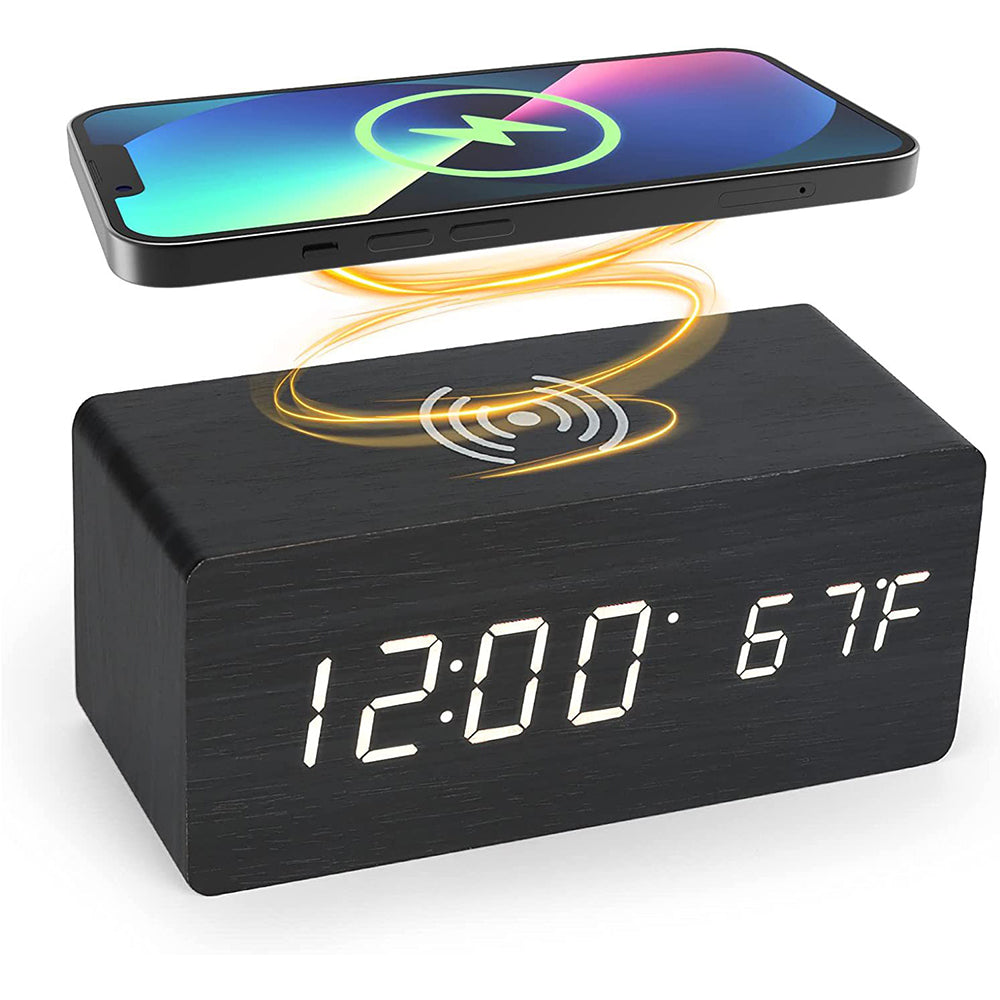2Pcs Wooden Digital Alarm Clock with Wireless Charger