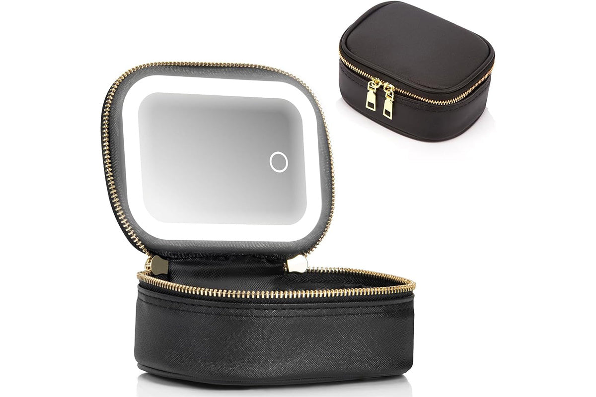PU Leather Makeup Case Lighted Mirror LED Travel Cosmetic Organizer