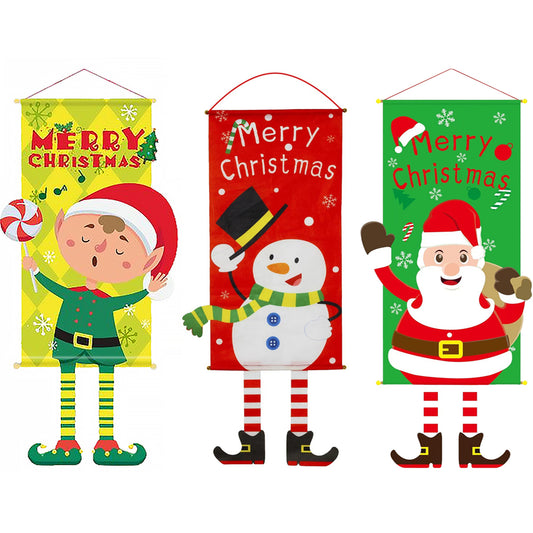 Merry Christmas Fabric Flag Santa Claus Snowman Banner Xmas Door Porch Hanging Decoration-Green Santa Claus+Red Snowman+Elf
