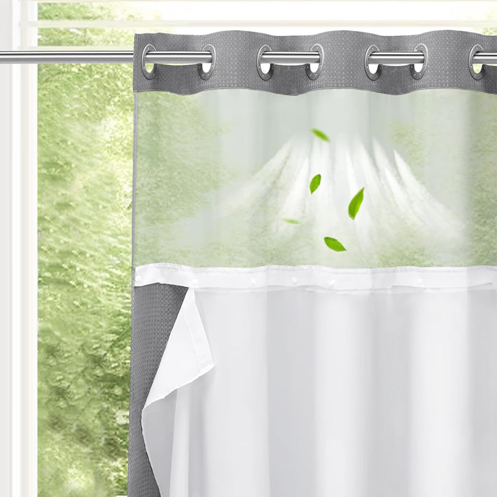 No Hook Shower Curtain with Snap-in Liner and See Through Top Window