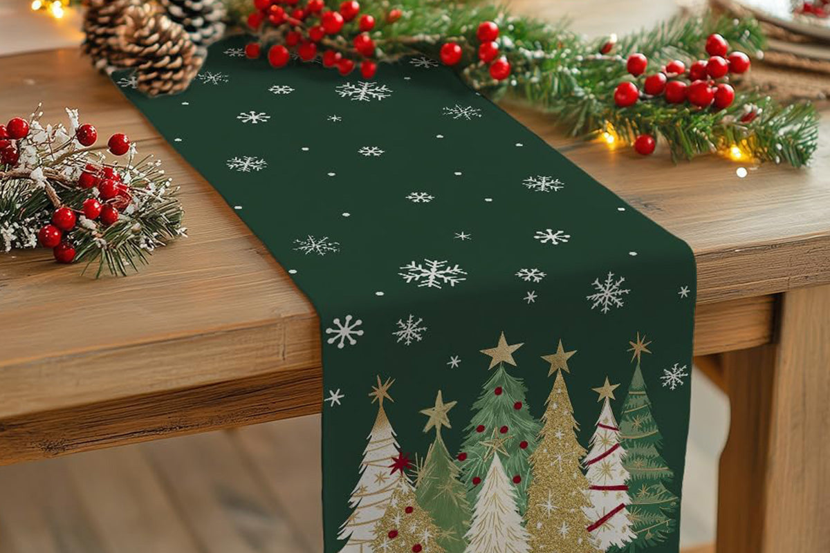 Christmas Table Runner Xmas Trees Tablecloth Cover For Kitchen Dinner Party
