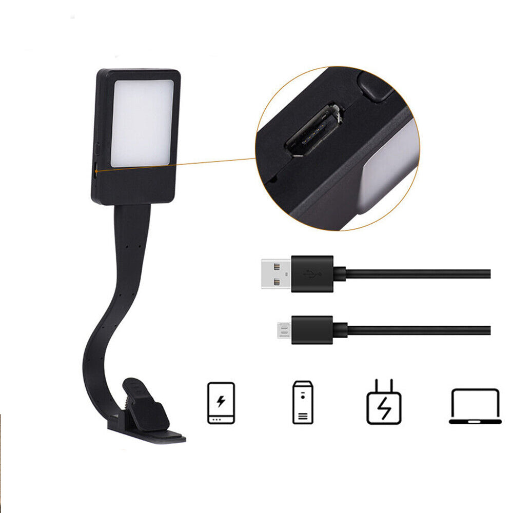 LED Book Reading Light Lamp USB Rechargeable Flexible Clip On Bed Desk Table