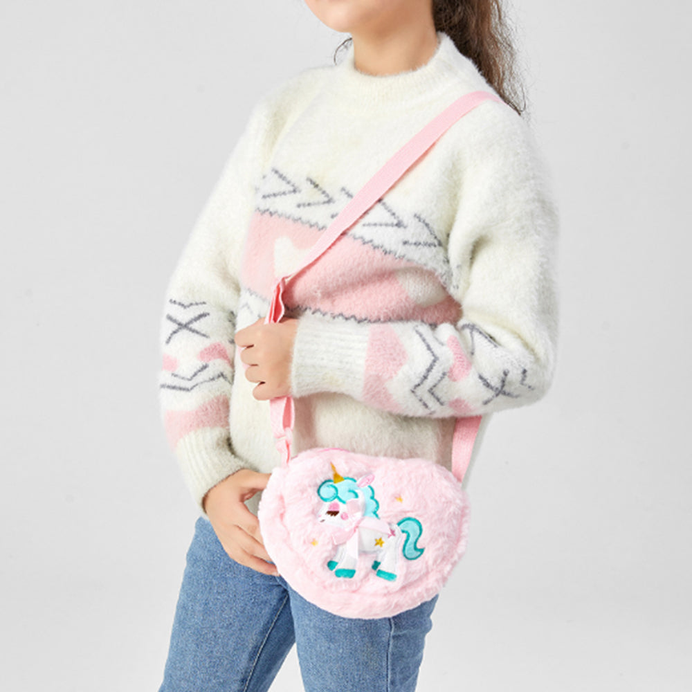 2Pcs Girls Cute Plush Heart Unicorn Embroidery Zipper Crossbody Bag