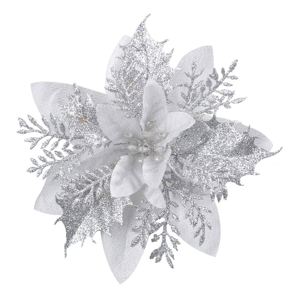 12Pcs Christmas Glitter Poinsettia Artificial Flower with Clip and Stem