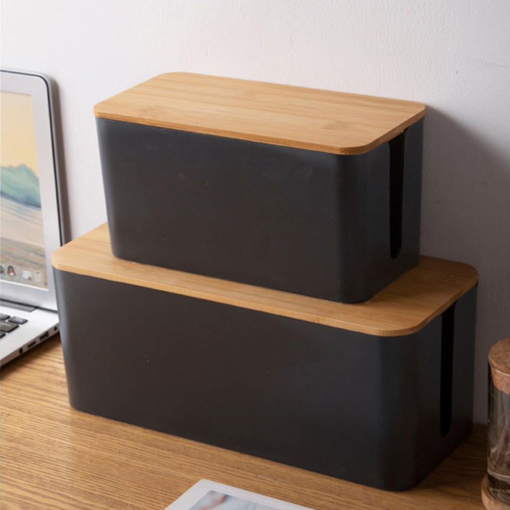 Bamboo Lid Cable Management Storage Box for Home and Office