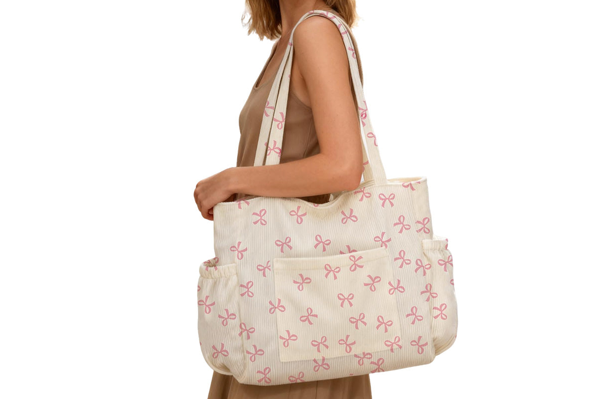 Corduroy Tote Bag with Side Water Bottle Pockets Large Shoulder Bag Casual Handbag