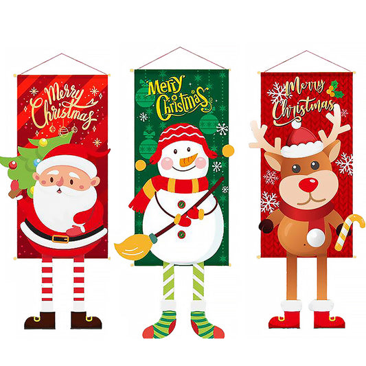 Merry Christmas Fabric Flag Santa Claus Snowman Banner Xmas Door Porch Hanging Decoration-Elk+Green Snowman+Red Santa Claus