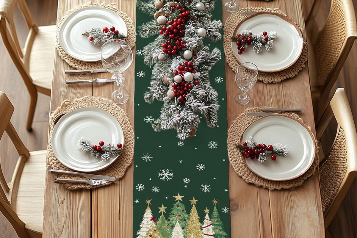 Christmas Table Runner Xmas Trees Tablecloth Cover For Kitchen Dinner Party