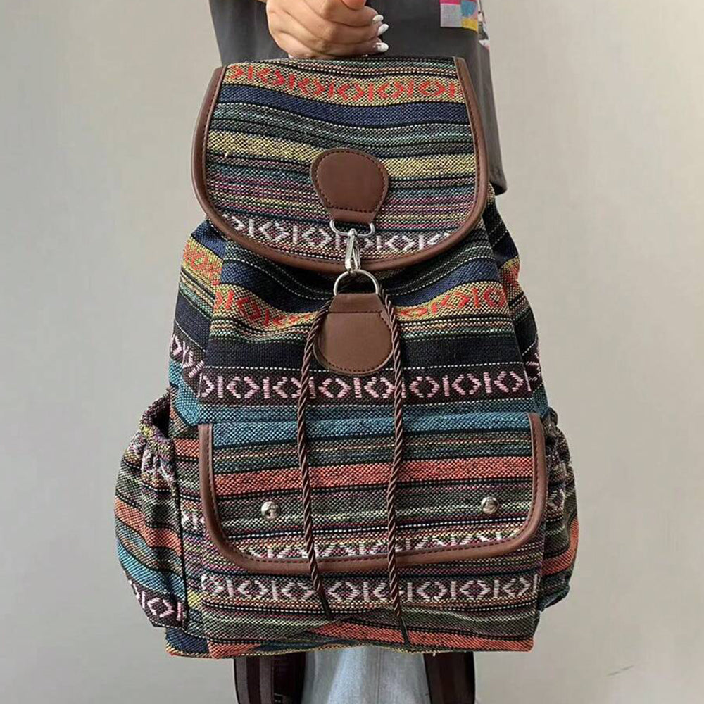 Boho Style Flap Drawstring Backpack