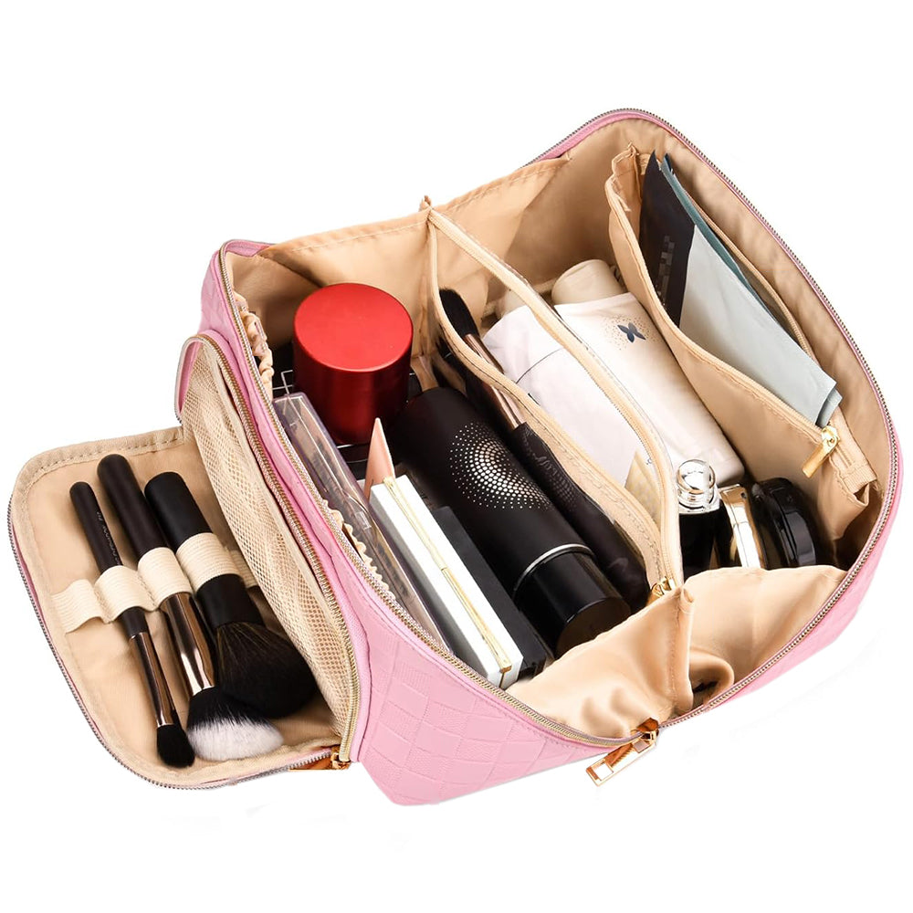 Large Capacity PU Leather Water-Resistant Checkered Cosmetic Bag Travel Makeup Bag