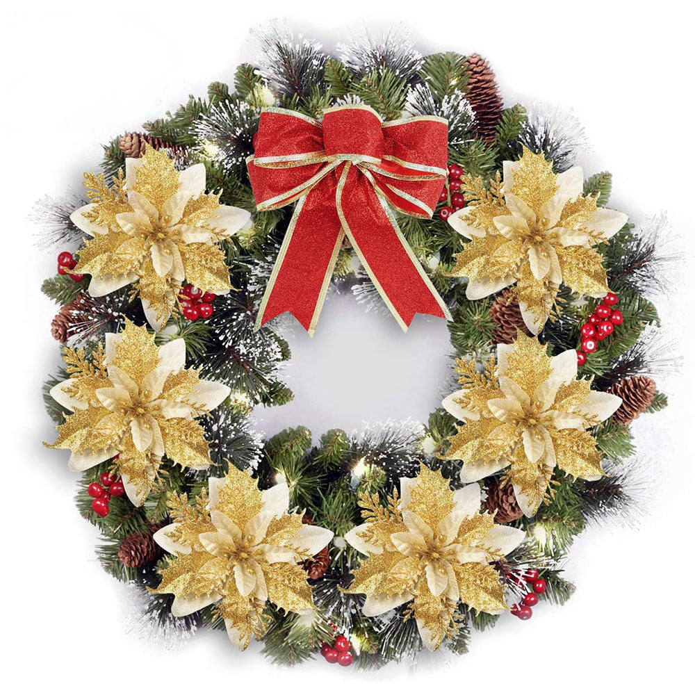 12Pcs Christmas Glitter Poinsettia Artificial Flower with Clip and Stem
