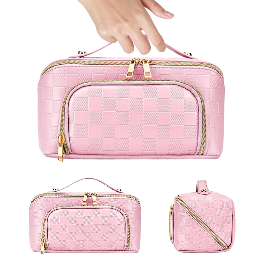 Large Capacity PU Leather Water-Resistant Checkered Cosmetic Bag Travel Makeup Bag