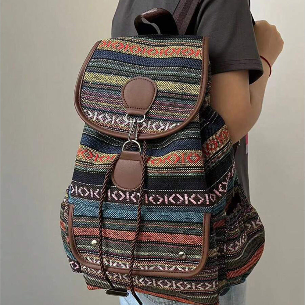 Boho Style Flap Drawstring Backpack