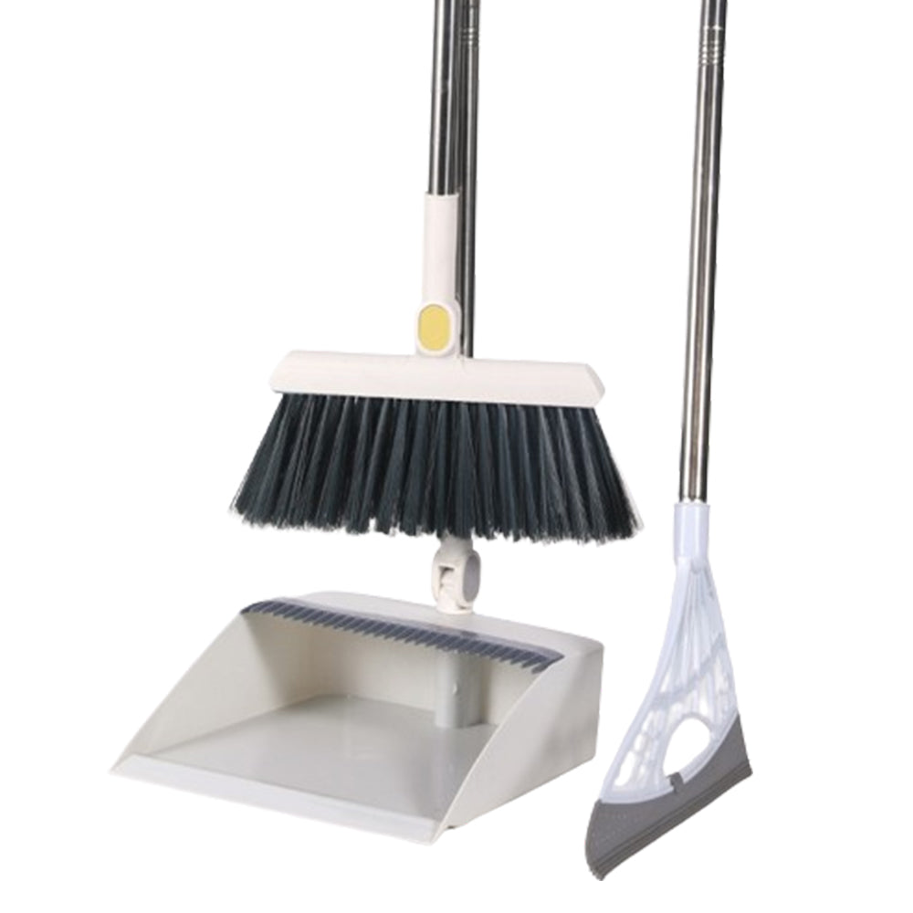 3Pcs Set of Plastic Broom with Foldable Standing Dustpan and Scraper Broom