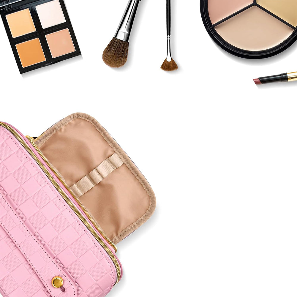 Large Capacity PU Leather Water-Resistant Checkered Cosmetic Bag Travel Makeup Bag