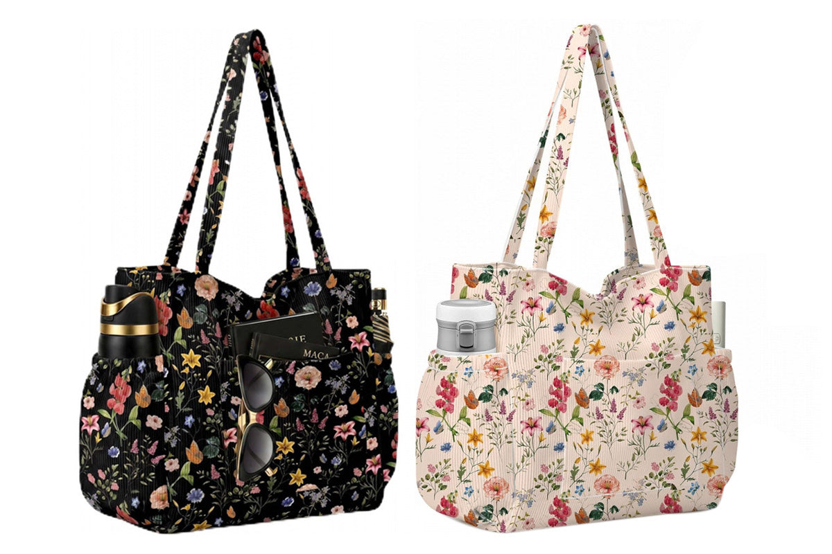 Corduroy Tote Bag with Side Water Bottle Pockets Large Shoulder Bag Casual Handbag