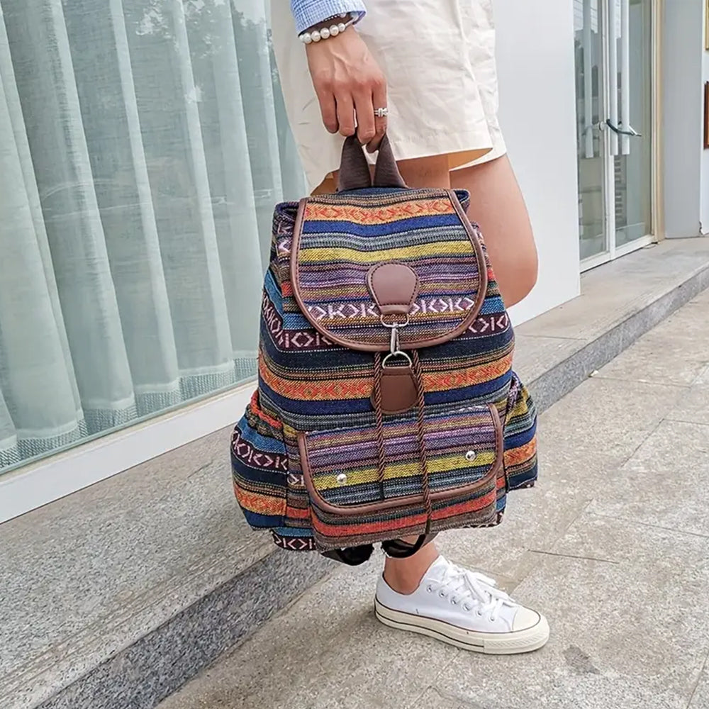 Boho Style Flap Drawstring Backpack