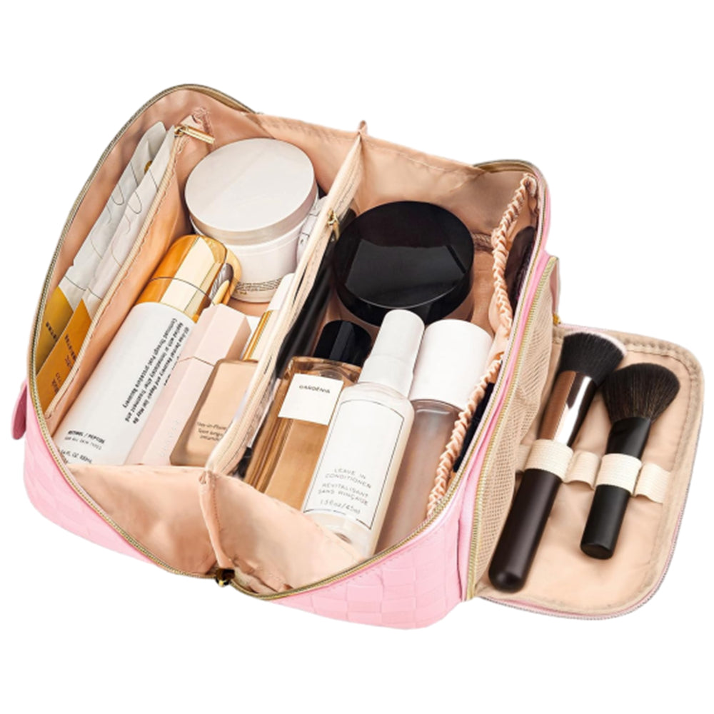 Large Capacity PU Leather Water-Resistant Checkered Cosmetic Bag Travel Makeup Bag