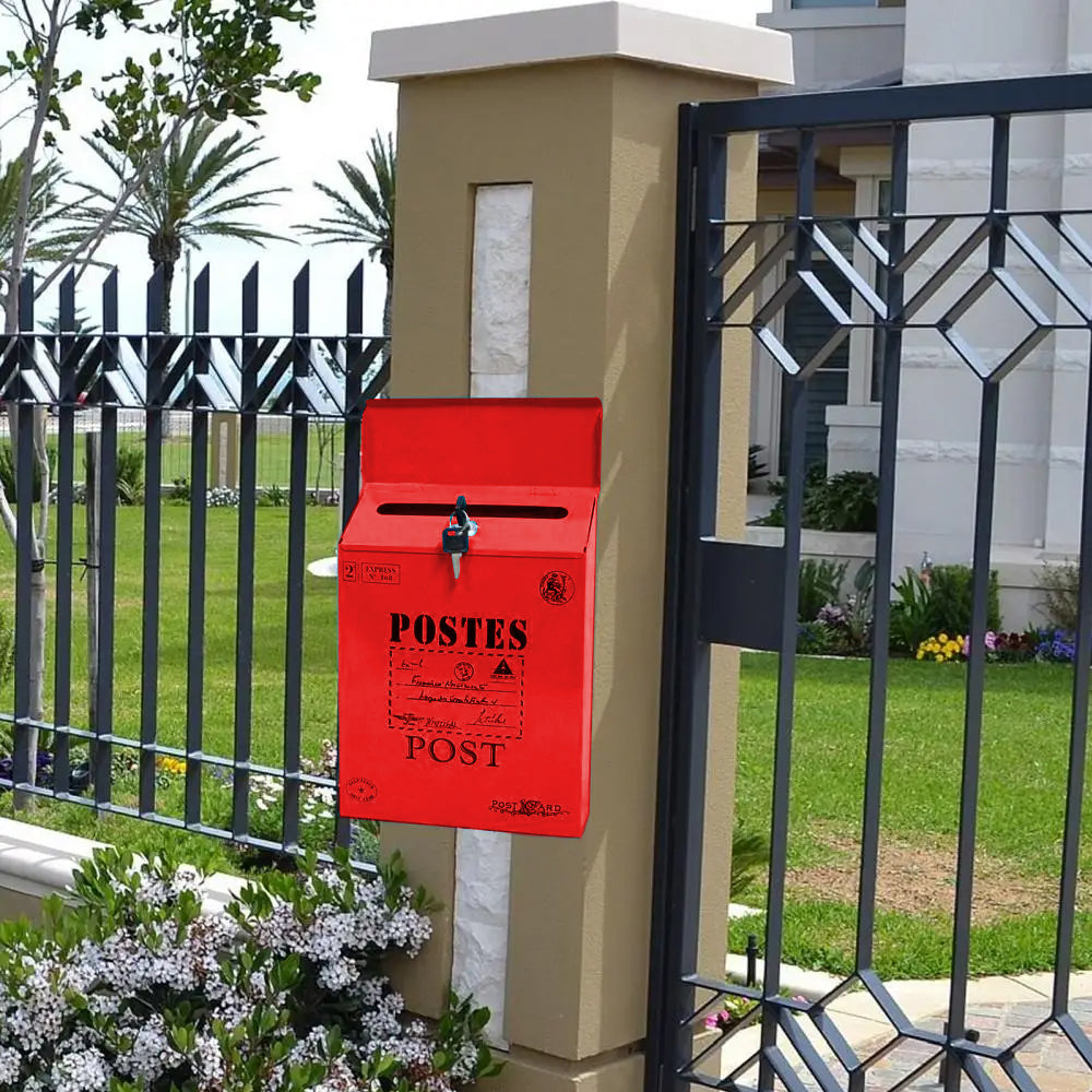 Locking Metal Mailbox Wall Mounted Key Lock Drop Mail Box Pastoral Style