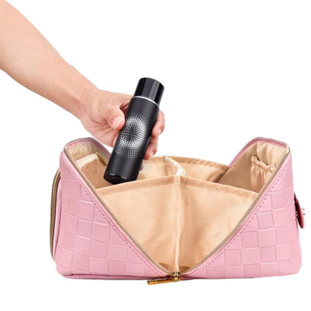 Large Capacity PU Leather Water-Resistant Checkered Cosmetic Bag Travel Makeup Bag