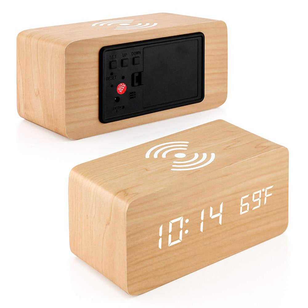 2Pcs Wooden Digital Alarm Clock with Wireless Charger