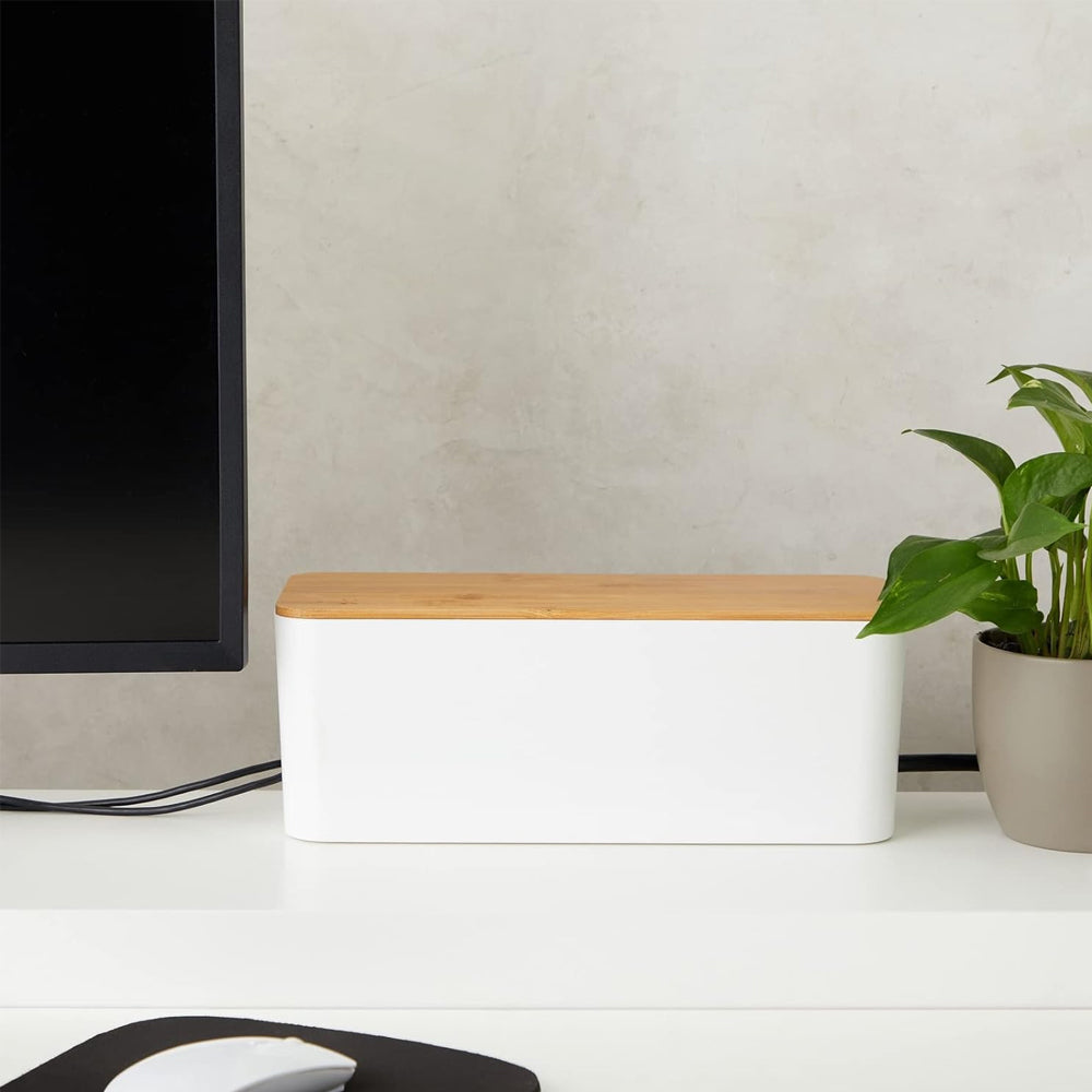 Bamboo Lid Cable Management Storage Box for Home and Office
