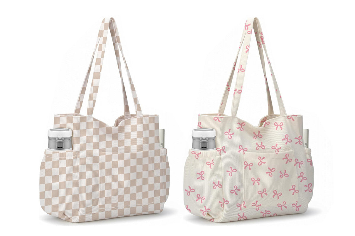 Corduroy Tote Bag with Side Water Bottle Pockets Large Shoulder Bag Casual Handbag