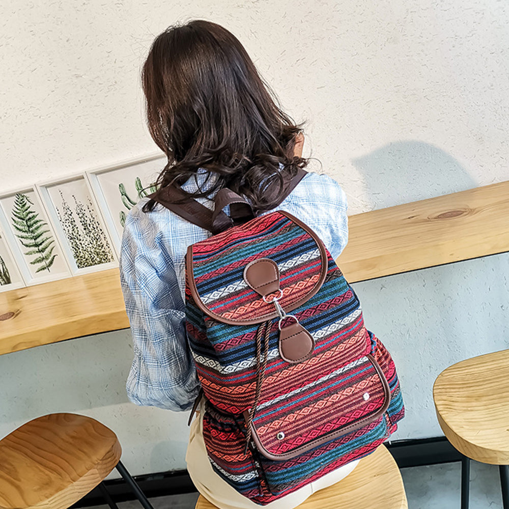 Boho Style Flap Drawstring Backpack