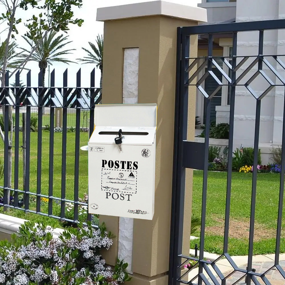Locking Metal Mailbox Wall Mounted Key Lock Drop Mail Box Pastoral Style