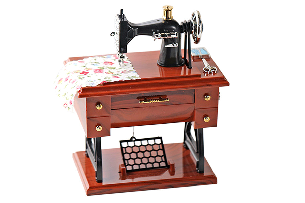 Retro Sewing Machine Music Box with Drawer Storage Desktop Decorative