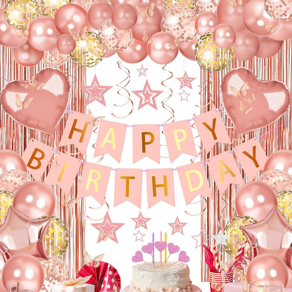 Rose Gold Happy Birthday Party Decorations Set Banner Foil Balloons Curtain Backdrop for Women Girls