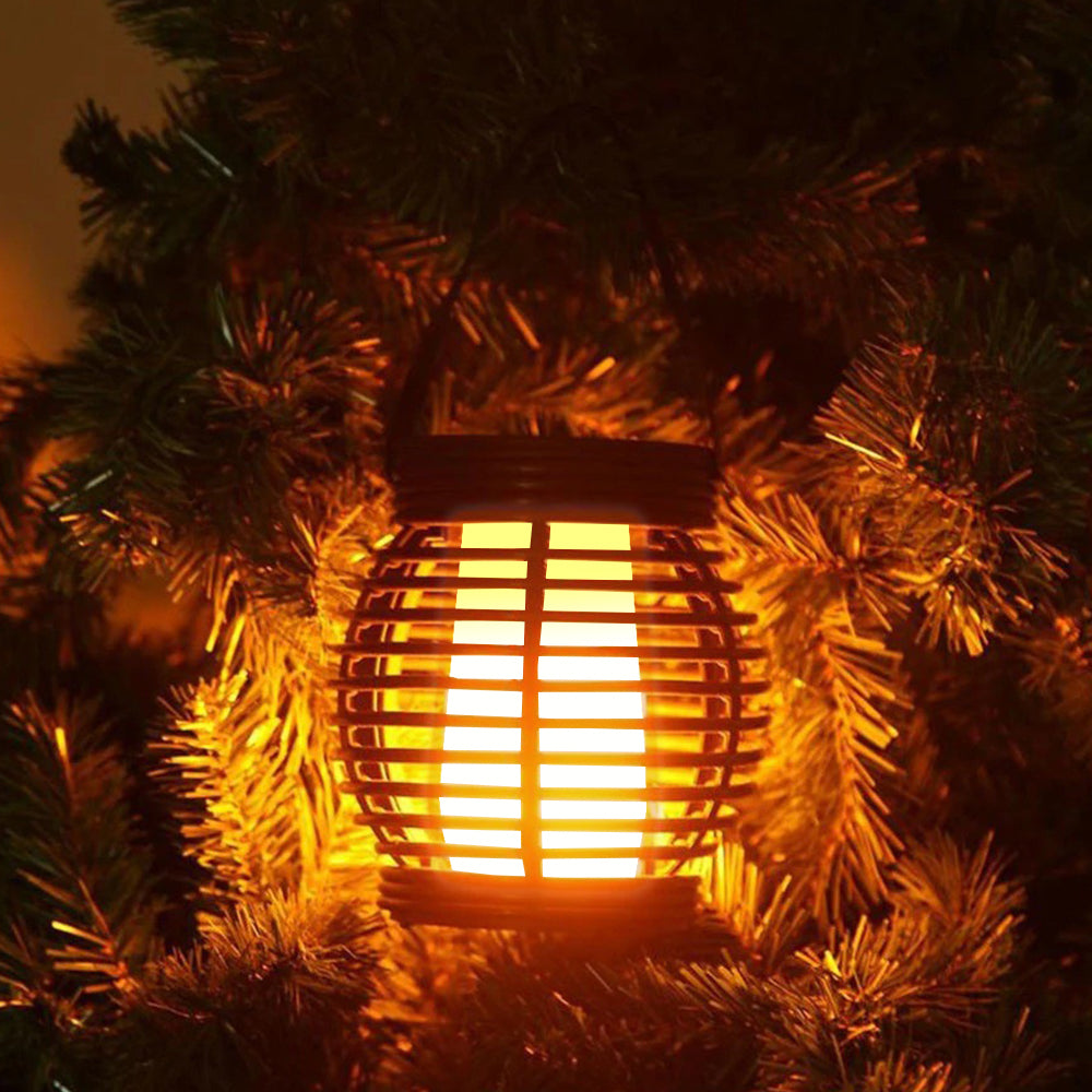 2Pcs Portable Simulated Rattan Flame Round Solar Lantern Lamp