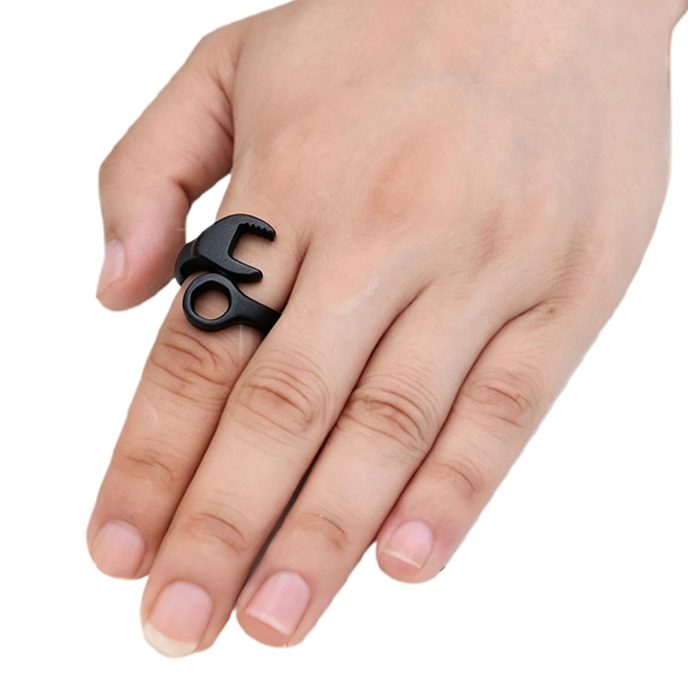 Stainless Steel Wrench Shaped Industrial Punk Ring for Men and Women-Black