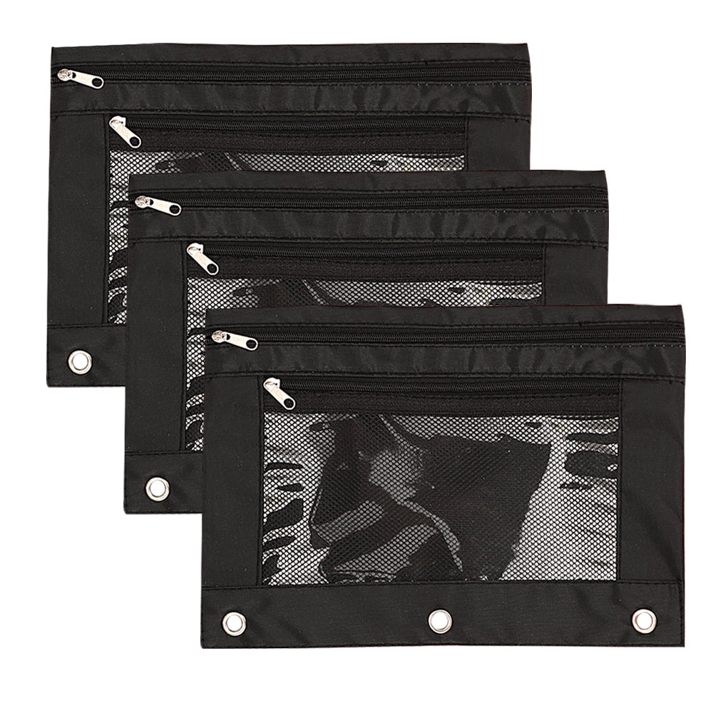 3Pcs 3 Ring Binder Pencil Pouches Double Zipper Stationery Bag
